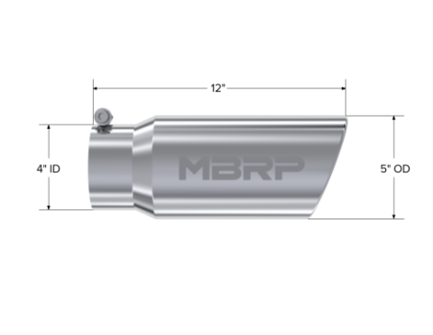 Exhaust Tail Pipe Tip 5 Inch O.D. Angled Rolled End 4 Inch Inlet 12 Inch Length T304 Stainless Steel MBRP
